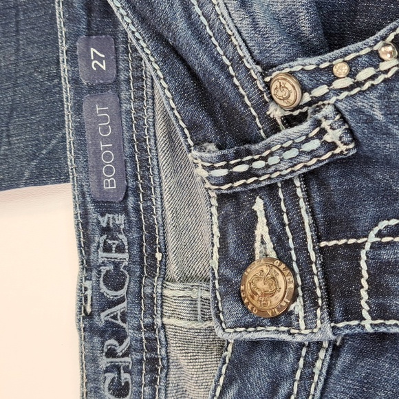 Grace in LA Bootcut Wing Bling Button Flap Back Pockets Size 27 - Picture 15 of 17